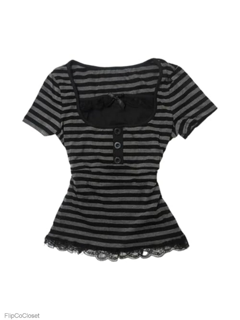 Striped Baby Tee Square Neck Short Sleeve Polyester Spandex Slim Fit Y2K Grunge